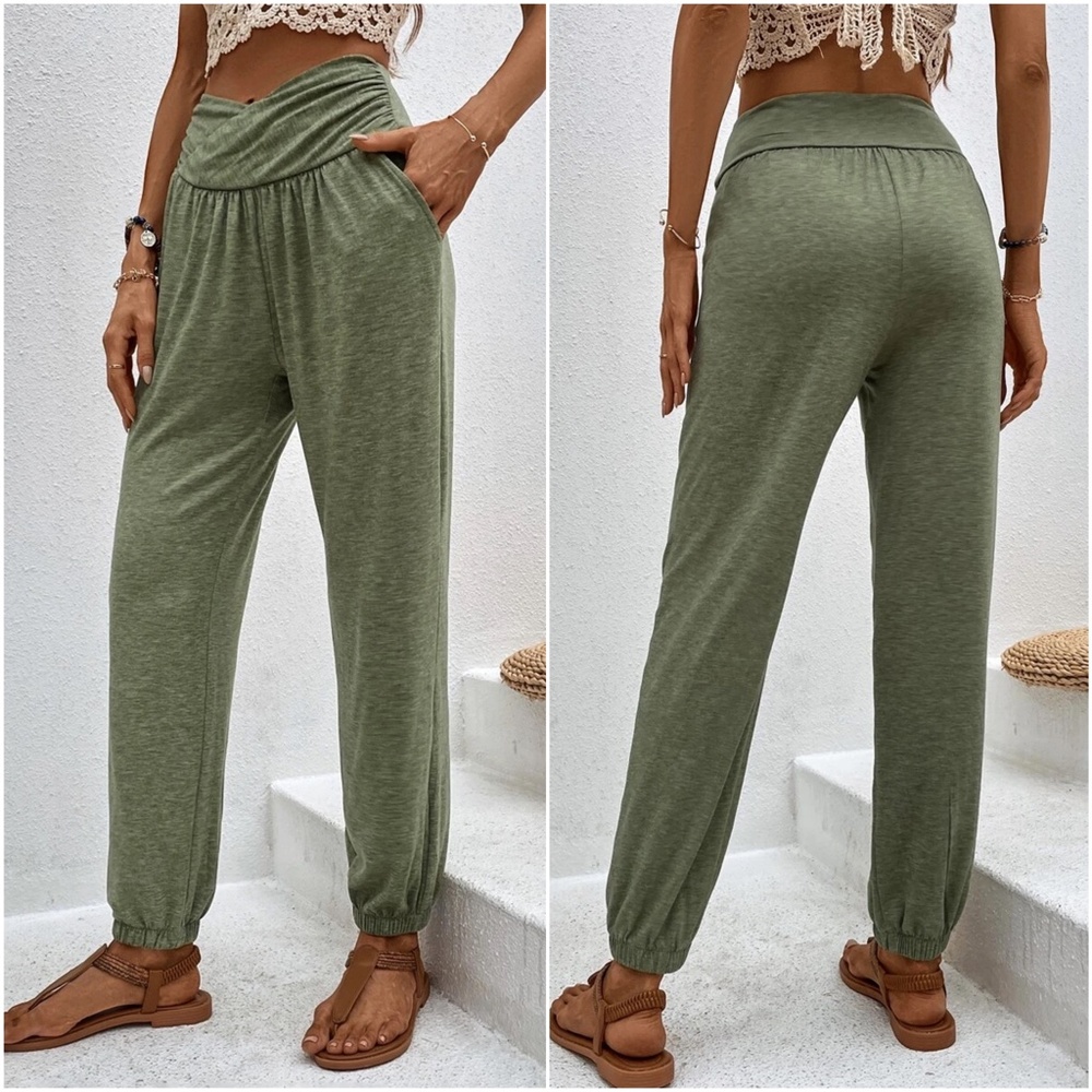 Boho High Waisted Ruched Pocket Lounge Jogger Pants - Picture 2 of 3